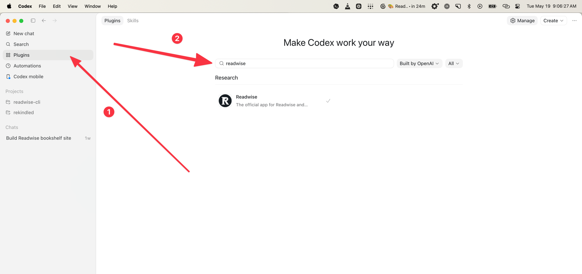 Search for Readwise in Codex Plugins