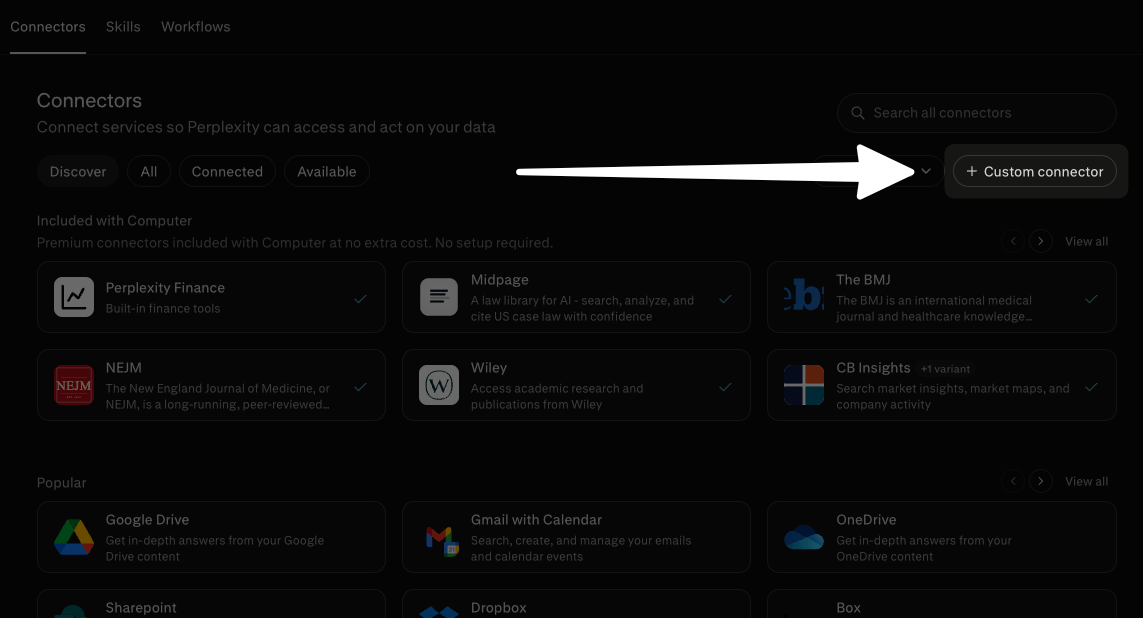 Perplexity custom connector button