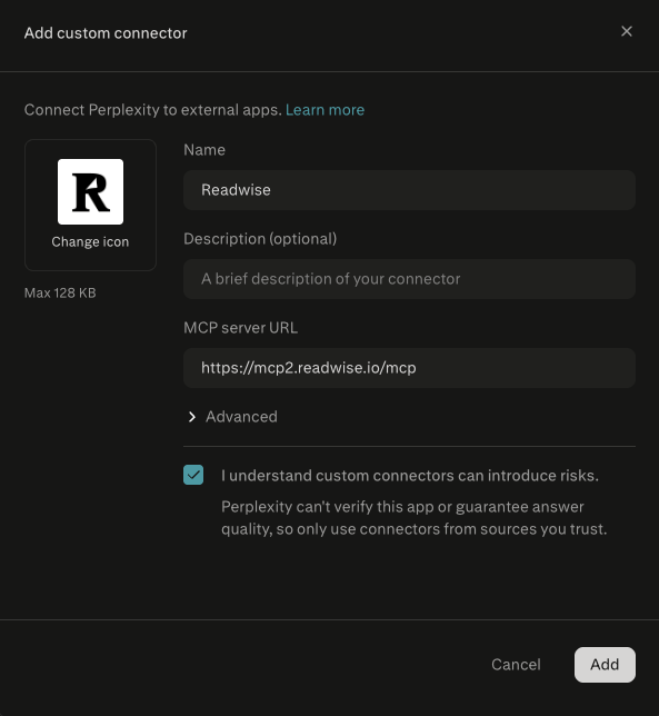 Perplexity new connector creation form